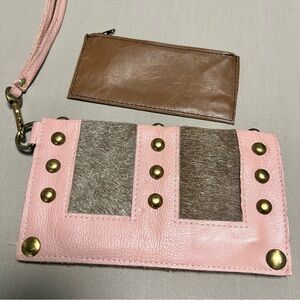 Maya Moon Handmade Recycled Leather Pink Studded Clutch Wristlet + Wallet Set